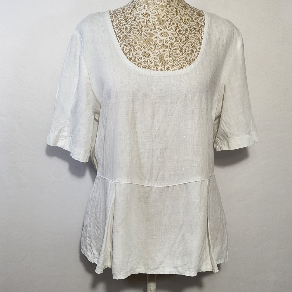 Eva Tralala Women Size S 100% Linen White Scoop Neck Pleat Side Zip Top Boho